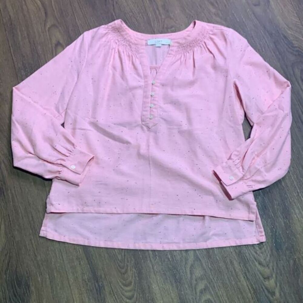 Loft Petite Flecked Henley Blouse pink with color speckled embellishment boho